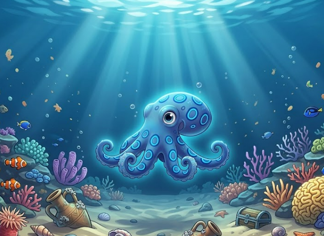 A Little Blue Octopus Found In The Big Blue Ocean